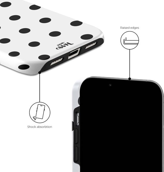 Witte telefoonhoes met zwarte stippen, met illustraties van verhoogde randen en schokabsorptie.