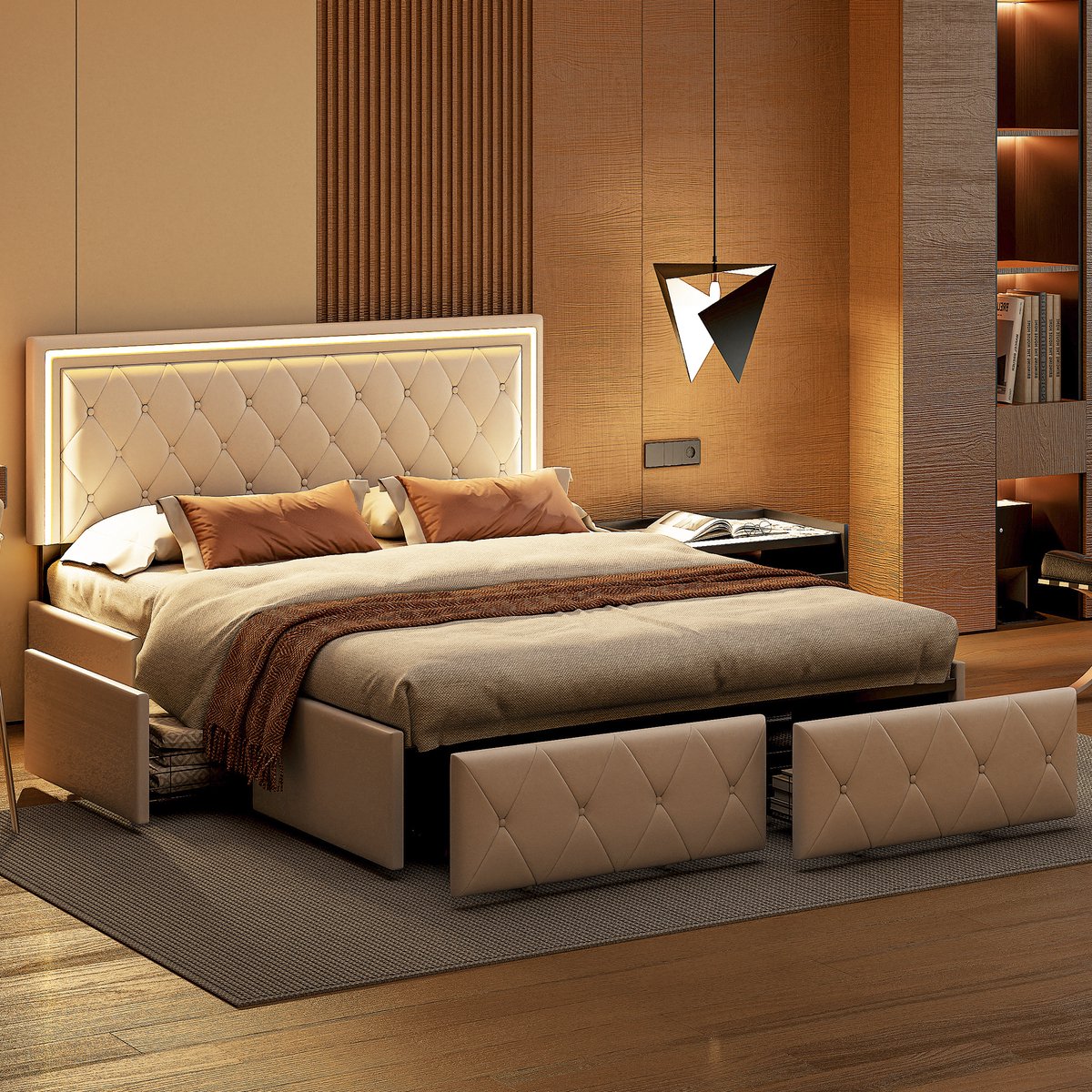 SHOPENTRA Tweepersoonsbed 140x200cm – PU Leer Beige – Modern Opbergbed met 4 Laden & LED Verlichting in Hoofdbord