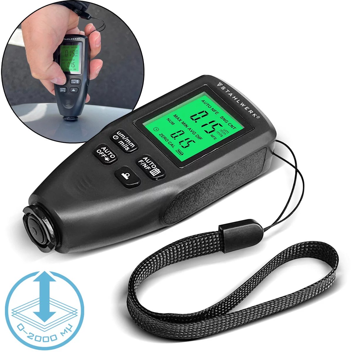 STAHLWERK coatingdiktemeter | Compacte verfdiktemeter 0-2000 µm voor auto- en materiaaltesten | Meetapparaat met twee sondes voor het bepalen van verfdiktes | Nauwkeurige Fe/NFe verfdiktemeter voor metaal