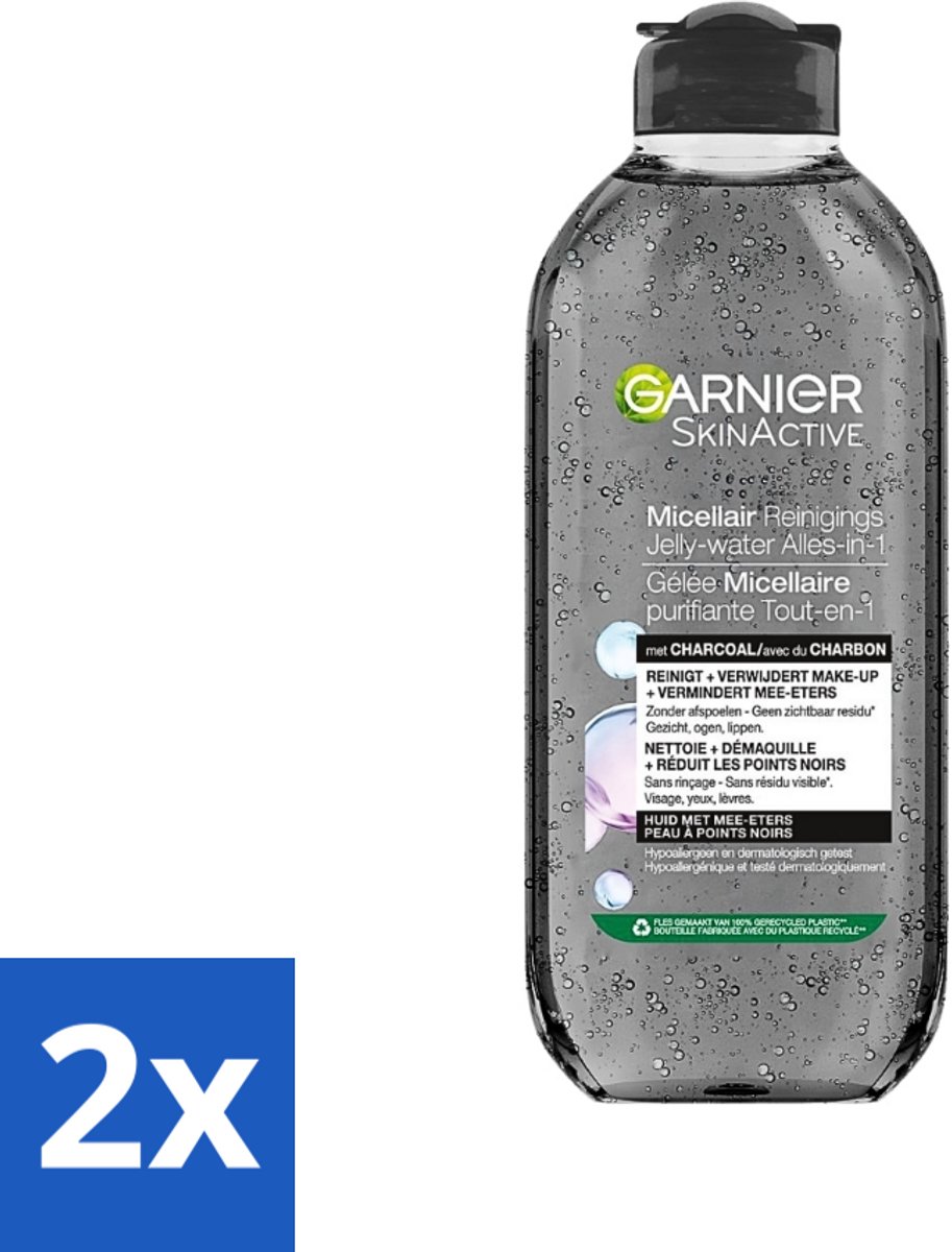 2 x Garnier - SkinActive - Micellair Jelly-water - Alles-in-1 - Charcoal - 400 ml - Reiniger - Micellair Water - Houtskool - Gezichtsreiniger - Onzuivere Huid