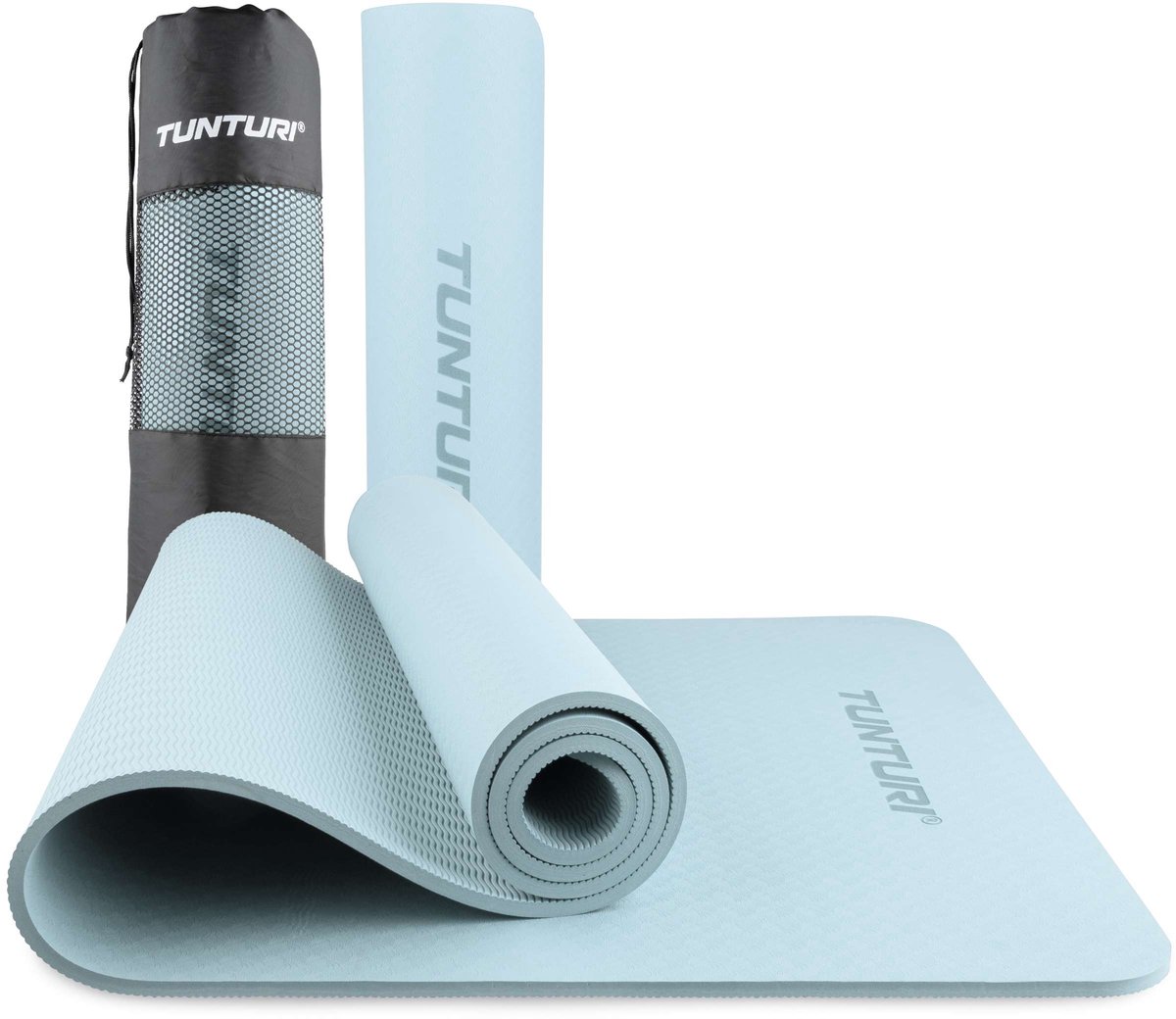 Tunturi Yogamat 8mm - Pilates mat - Extra dikke sportmat - 183x61x08 cm - Incl Draagtas - Anti Slip en Eco - Licht Blauw