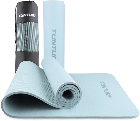 Tunturi Yoga Mat 8mm - Pilates mat - Extra dikke fitness mat - 183x61x0,8 cm - Incl Draagtas - Ecologisch materiaal - Eenvoudig te reinigen - Licht Blauw