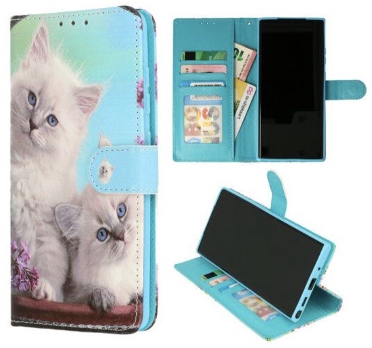 Cityhoesje - Bookcase iPhone 16e-17e - Kittens Wit Blauw