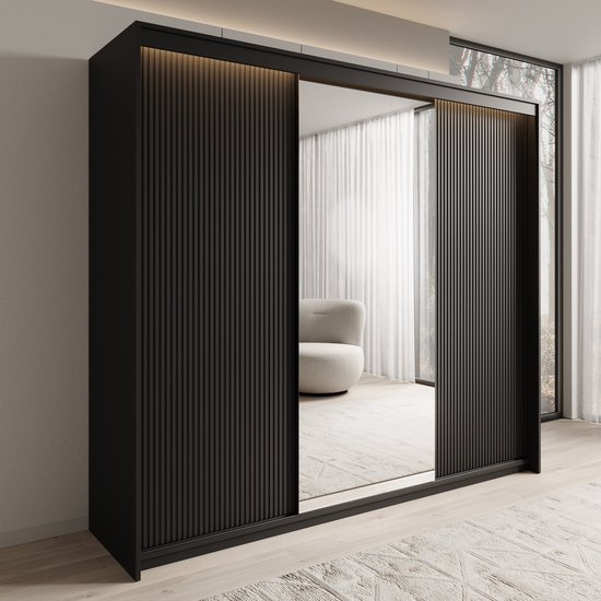 Meuble à tiroirs - Armoire Timoteo - Zwart - 250 cm - Avec miroir