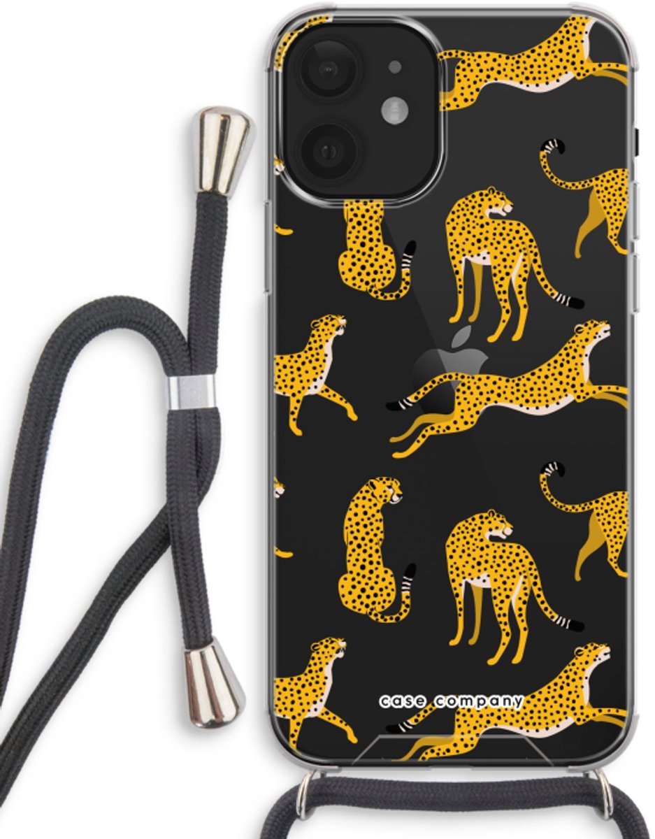 Case Company® - Hoesje met koord geschikt voor iPhone 12 hoesje met Koord - Luipaard - Telefoonhoesje met Zwart Koord - Bescherming aan alle Kanten en Over de Schermrand