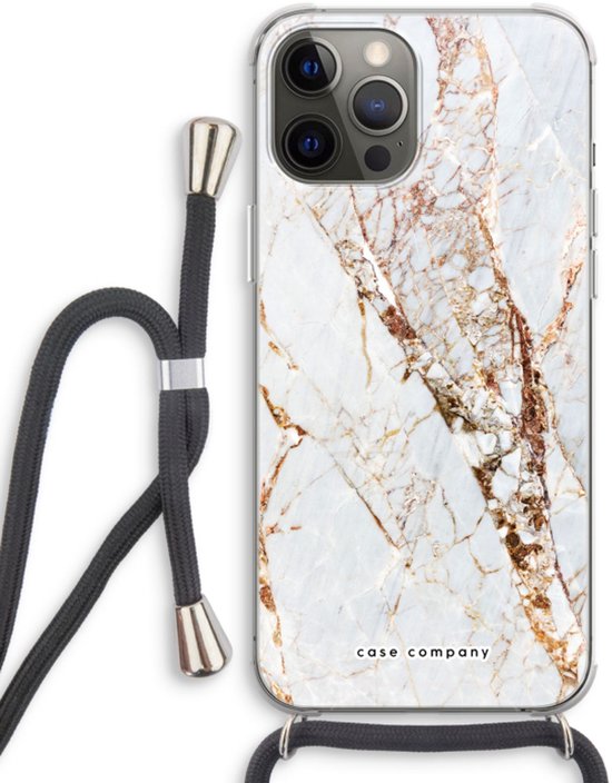 iPhone 12 Pro met gouden marmeren telefoonhoes en zwart koord met zilveren details.