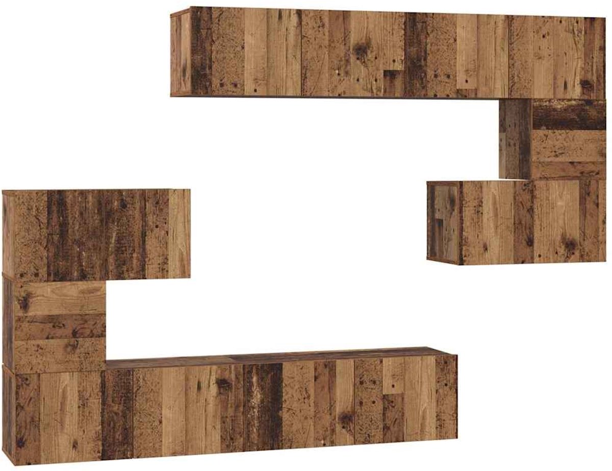 vidaXL - Tv-meubelset - Wandgemonteerd - 8 - pcs - Oud - Hout - Bewerkt - hout