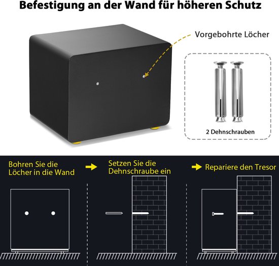 Zwarte kluis met gele voetjes, met illustraties die wandmontage met pluggen tonen.