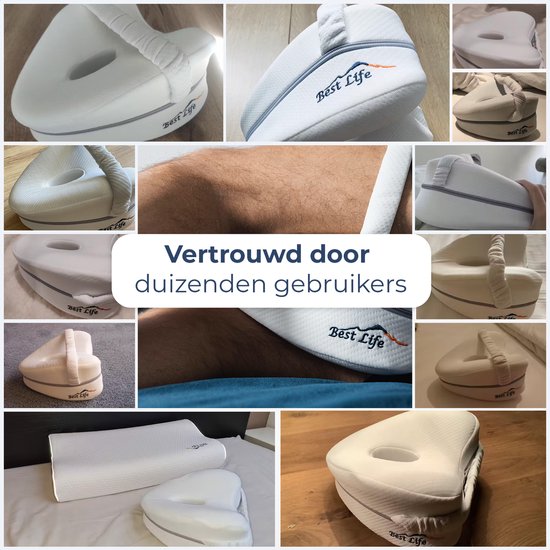 Collage van productfoto's van witte kniekussens, met close-ups van details en gebruikssituaties.