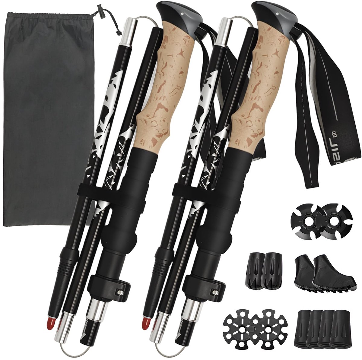 Nordic walking stokken voor mannen en vrouwen, 2-delige wandelstokken opvouwbaar telescopisch verstelbaar 110-125cm, hoogwaardige trekkingstokken van 7075 aluminium met 6 paar rubberen buffers en draagtas