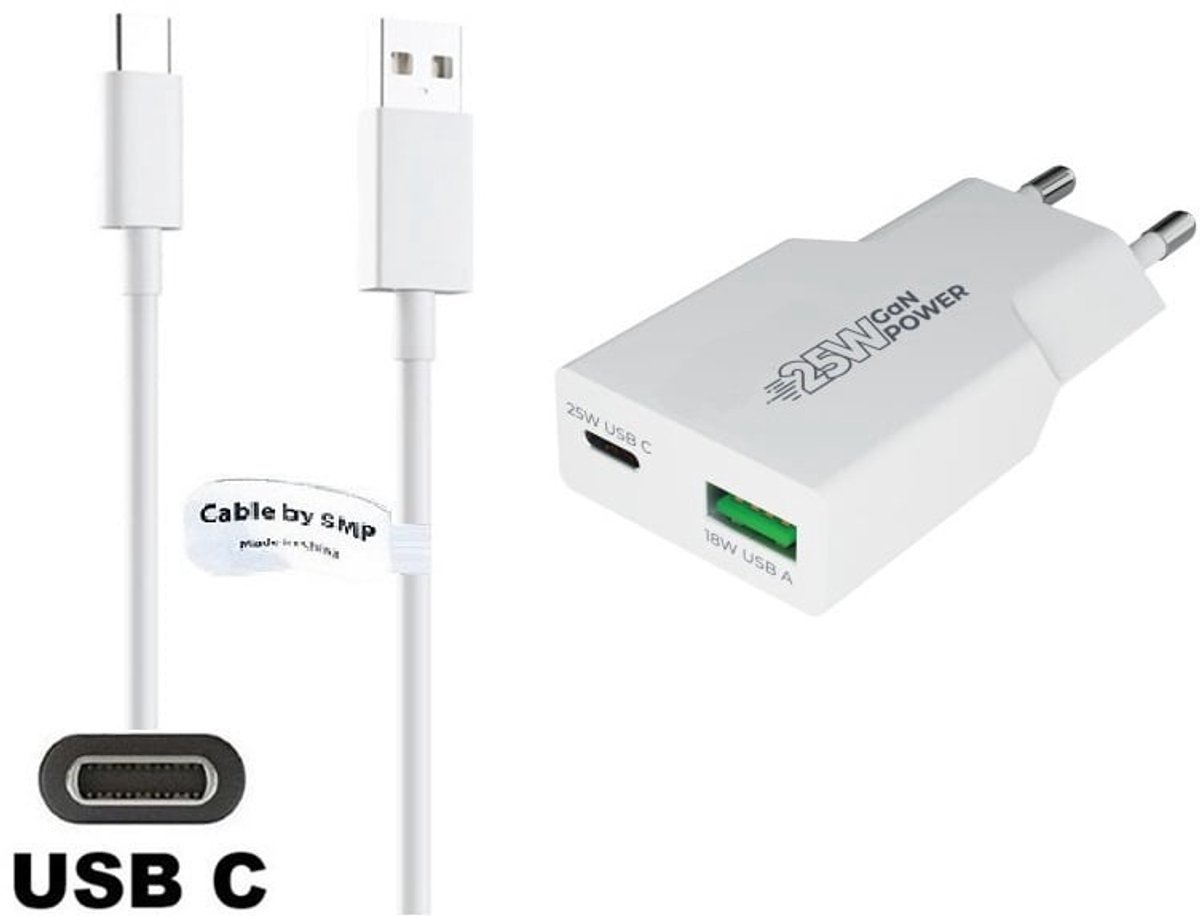 OneOne 25W snellader met 2 poorten + 2,0m sterke USB C kabel. PD PPS lader. GAN oplader adapter past op Samsung Galaxy M21, M30, M40, M54, M55s, M05, F42, M10s, M11, Z, M06, M42, M20, M31s, M32, M32, F05