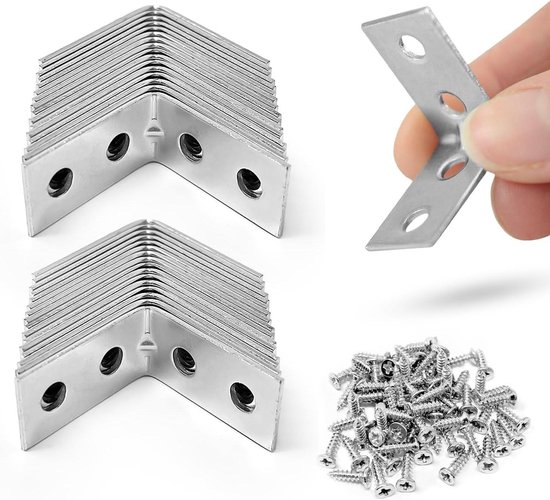 L-beugels, 20 stuks hoekbeugels roestvrijstalen hoekbeugels, 90 graden hoekbeugel met 80 schroeven, metalen beugels voor het bevestigen en repareren van houten meubels (zilver, 50*50*20mm