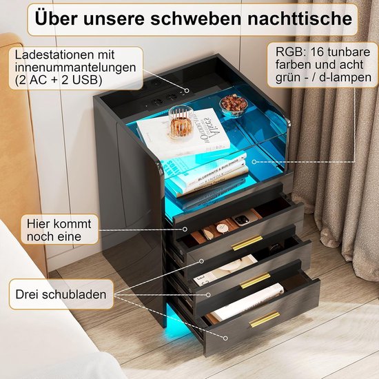 Nachtkastje met Ledverlichting, Stopcontacten en 3 Laden voor Slaapkamer van Merkloos — afbeelding 3