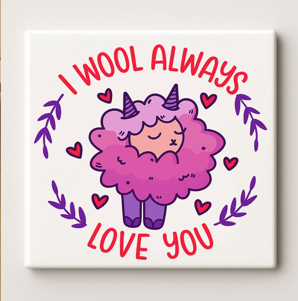 Nevolis I Wool Always Love You Keramische Tegel 15x15cm – Schattige Schaap Woordgrap Wanddecoratie – Grappig Romantisch Cadeau voor Koppels & Huisdecoratie Multi Color