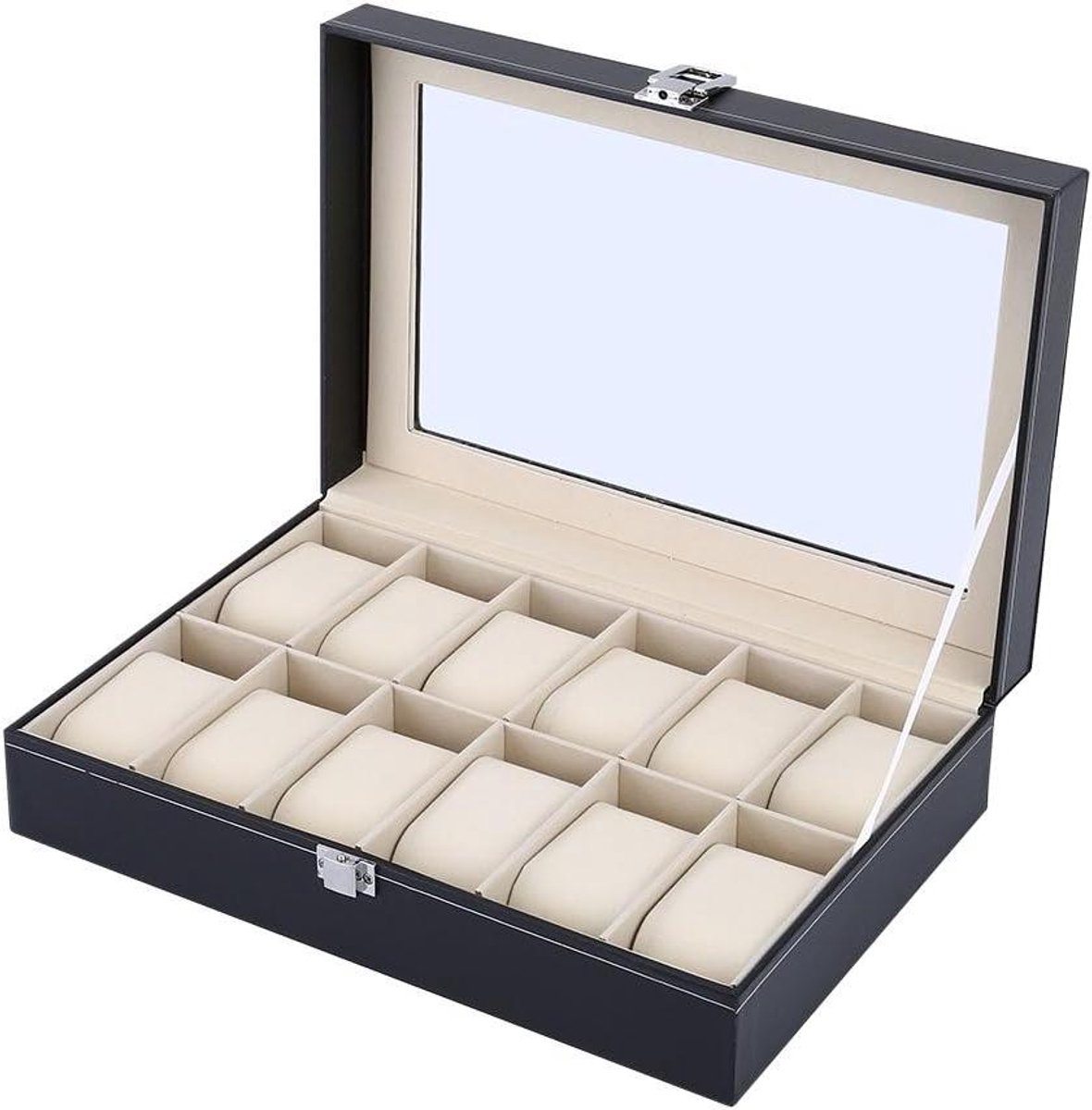 Opbergdoos voor sieraden en horloges van kunstleer met afsluitbaar rooster - Luxe horlogekast met 12 vakken - Organizer voor heren - Horloge-opslag en displaybox