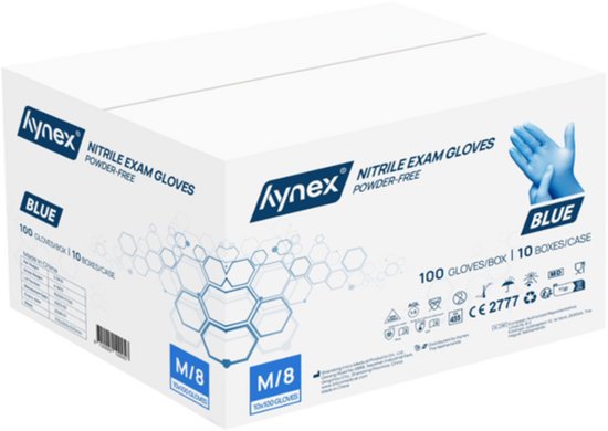 Verpakking Kynex blauwe nitril exam handschoenen, maat M/8, 100 stuks per doos.