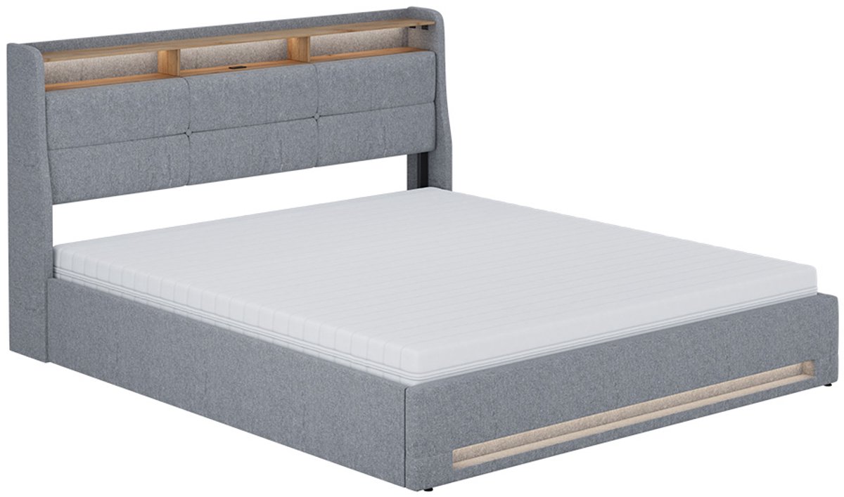 Vitalispa Christin Gestoffeerd bed – 180x200 met LED, USB-poort en matras Grijs/eiken