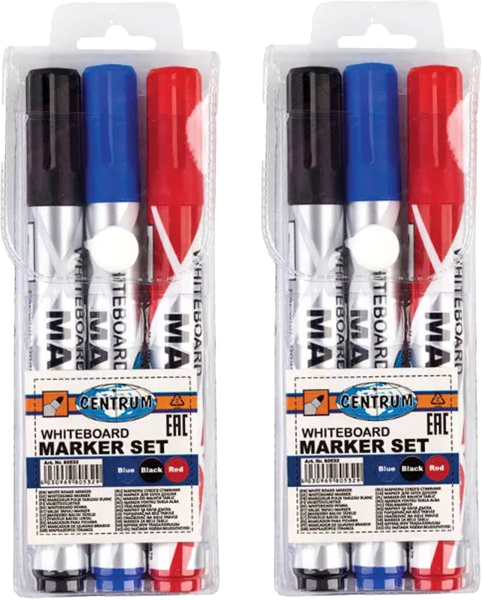 centrum Whiteboard marker/stift - 6x stuks - multi - uitwisbaar -