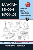 Boekomslag 'Marine Diesel Basics 1', met een illustratie van een zeilboot, motorboot, sneeuwpop, motoronderdelen en een accu.