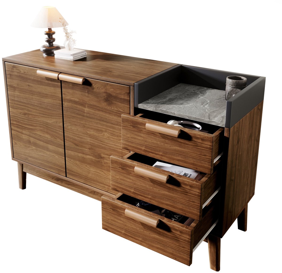 Merax Dressoir Eiken Bruin met Grijs Marmerlook Open Plank – Opbergkast met 3 lades en 2 deuren – 120x40x77