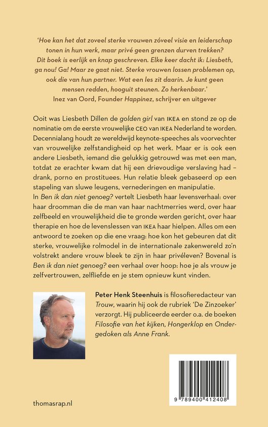 Een boek met een portretfoto van een man, met de titel 'Ben ik dan niet genoeg?' en een barcode.