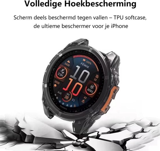 Zwarte TPU hoes met oranje accenten om een Garmin Fenix smartwatch, die uit gebroken tegels valt.