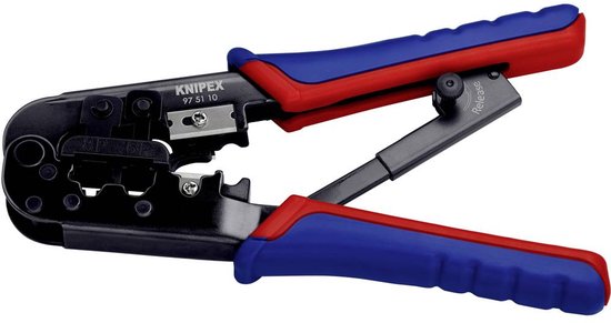 Knipex krimptang met blauwe en rode handvatten, gesloten.