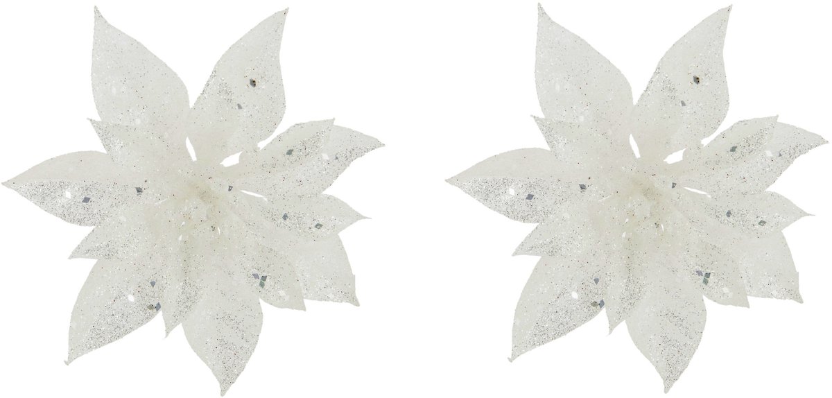 Cosy & Trendy Decoratie bloem - 2x stuks - kerstster - op clip - wit - glitter -15 cm - kunststof - kerstversiering