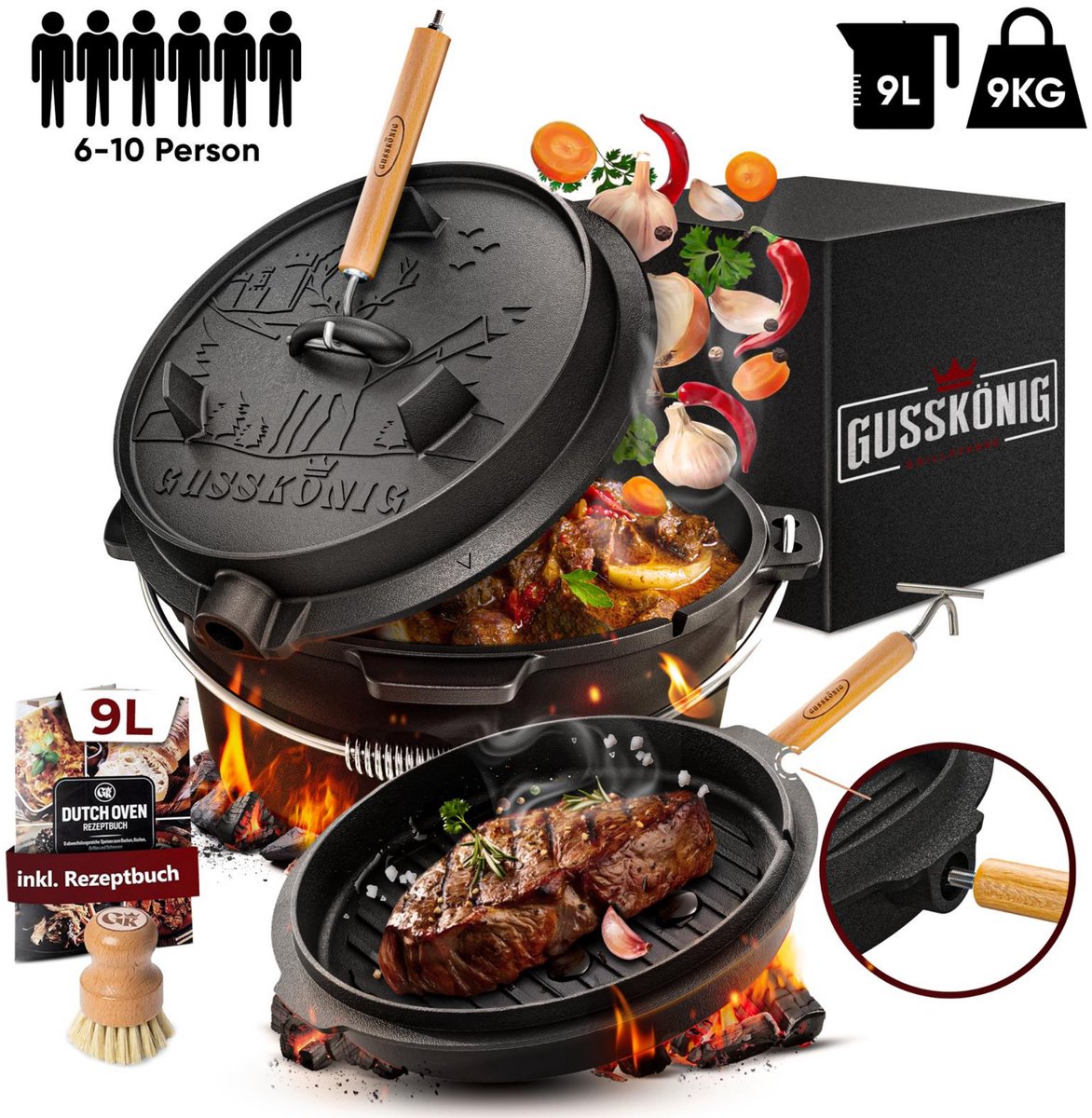 GUSSKÖNIG Ingebrande Dutch Oven Set met voetjes, innovatieve 2-in-1 deksellifter van hout en roestvrij staal, FSC-gecertificeerde houten reinigingsborstel, receptenboek - dutch oven gietijzer