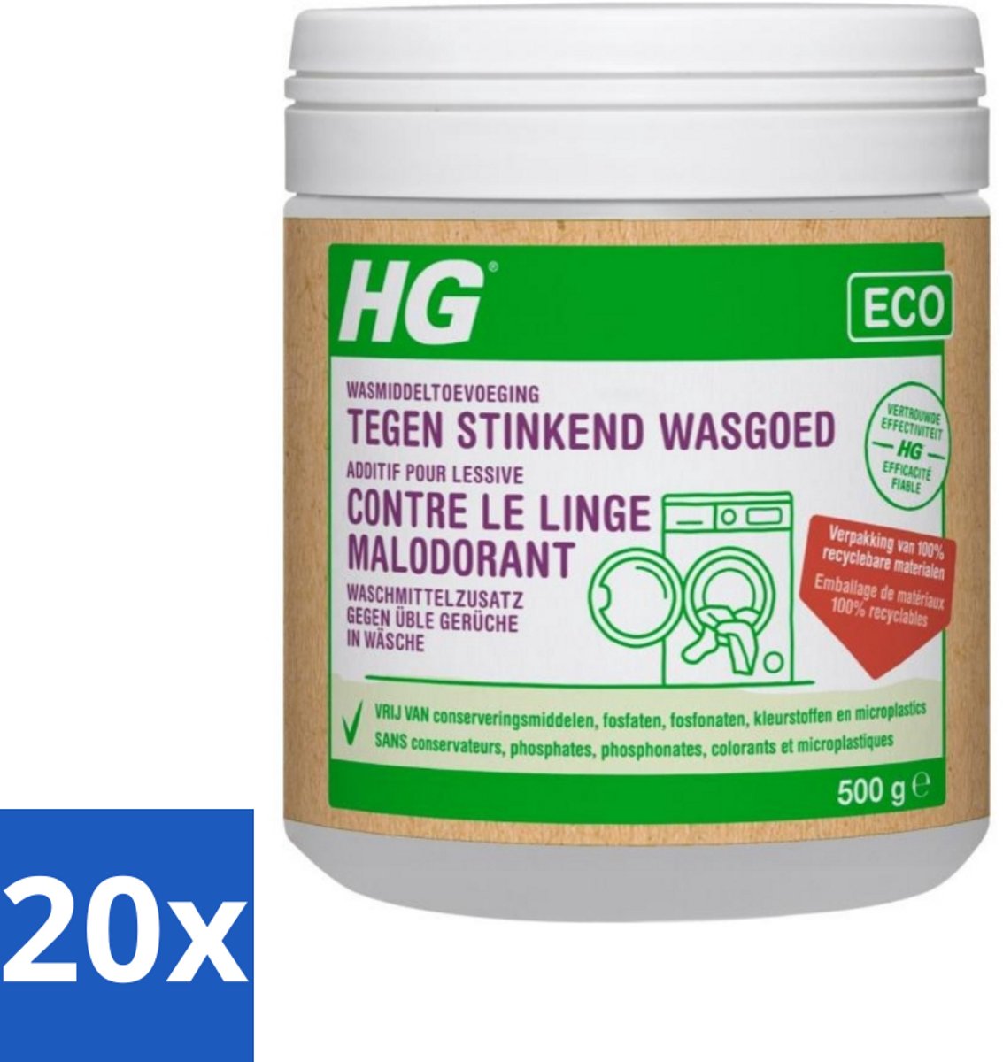 20 x HG Eco Wasmiddeltoevoeging tegen Stinkend Wasgoed 500 gr - Wasmiddel - Stankmoleculen - Wasgoed - Wasmiddeltoevoeging - Stinkend Wasgoed