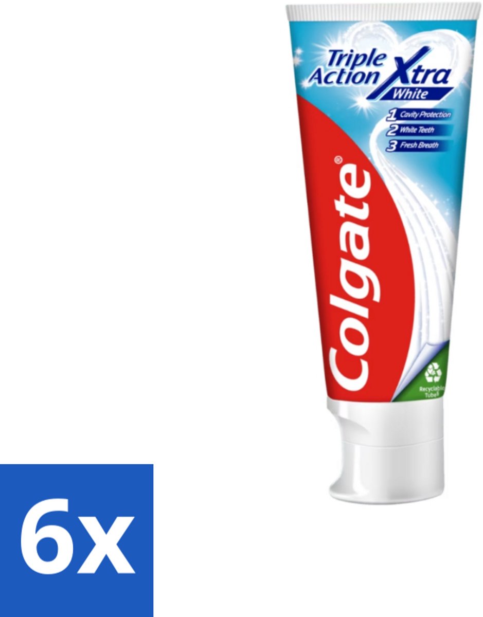 6 x Colgate Tandpasta Triple Action Xtra White 75 ml - Tandpasta - Gaatjes - Wittere Tanden - Frisse Adem - Mondverzorging