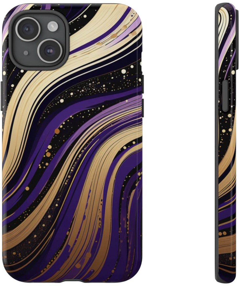 Paarse en Gouden Abstracte Krullen – Telefoonhoesje Geschikt voor iPhone 15 Plus