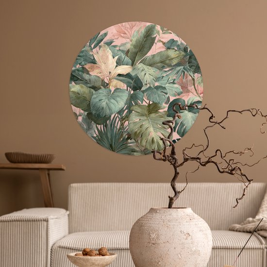 WallCircle® - Papier peint cercle 50x50 cm - Stickers muraux Composition de feuilles - Vert - Rose - Cercle mural salon - Cercle mural chambre - Décoration de chambre autocollante - Accessoires de Décoration murale