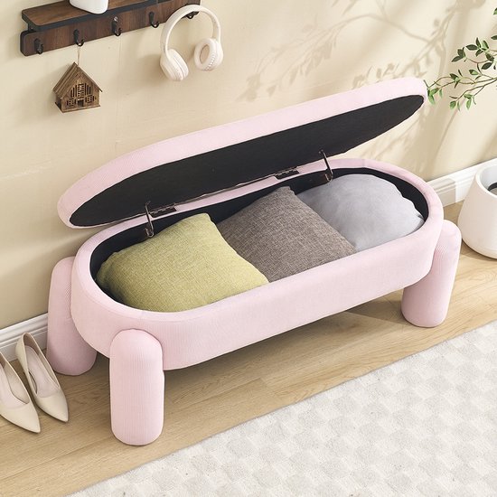 BLACKCOLORS Banc de rangement élégant et moderne pour chambre, armoire, couloir et salon avec espace de rangement, tissu chenille de haute qualité avec cadre en bois massif, banc antidérapant (couleur rose)