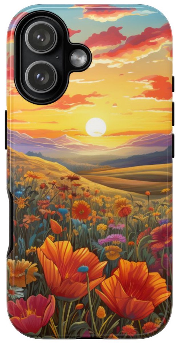Zonsondergang boven Wilde Bloemenweide – Telefoonhoesje Geschikt voor iPhone 17