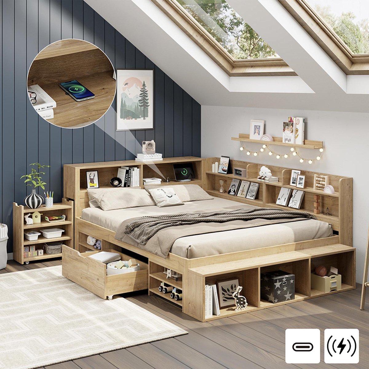 Gutent Kinderbed 140 x 200 cm-opbergbed-massief houten bed-eenpersoonsbed-laden-planken-opbergkast-zonder matras-natuur Natuurlijk