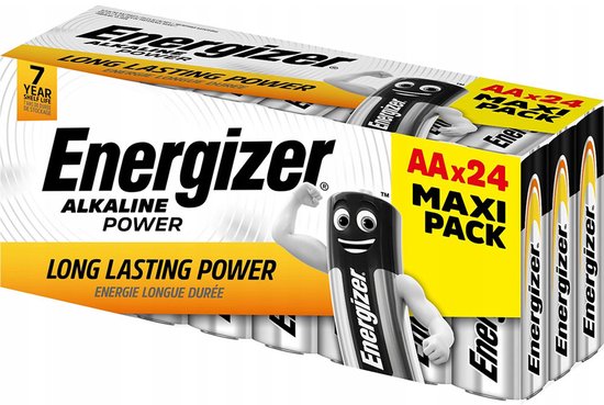 Piles alcalines Energizer AA, pack de 24. Texte "Long Lasting Power" et mascotte Energizer.