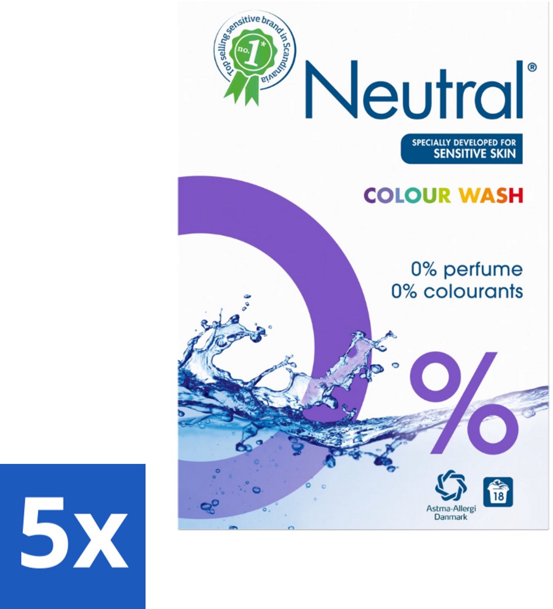 5 x Neutral Waspoeder Kleur 18 Wasbeurten 1,187 kg - Waspoeder - Waspoeder Kleur - Waspoeder Parfumvrij - Waspoeder Gevoelige Huid - Waspoeder 0% Parfum