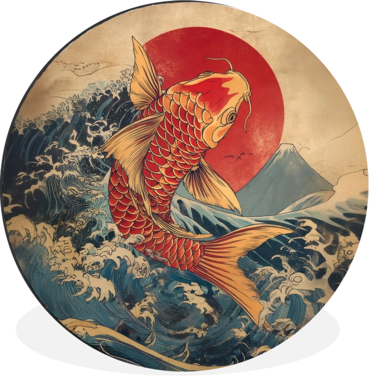 WallCircle Wandcirkel - Muurcirkel - Koi - Zee - Golven - Zon - Aluminium - Dibond - 90x90 cm - Binnen en Buiten