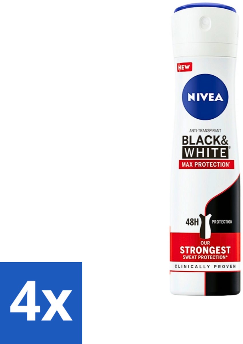 4 x Nivea - Deodorant - Spray - Black & White Max Protection - 150 ml - Anti-transpirant - Zweetbescherming - Vlekkenvoorkomend - Kledingbescherming - 48 Uur Bescherming
