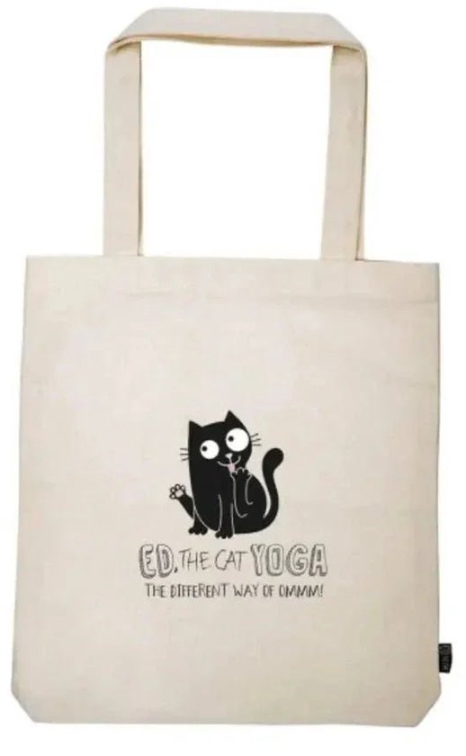 Crèmekleurige tote bag met een zwarte cartoon kat met de tekst "ED. THE CAT YOGA THE DIFFERENT WAY OF OMMM!"