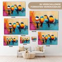 Verschillende formaten van het schilderij 'Vier kleurrijke vogels op een tak'. De formaten variëren van 30x20 tot 180x120.