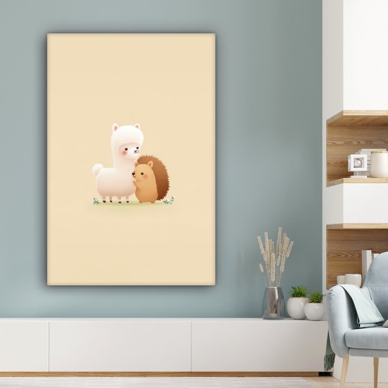 Tableau sur toile 80x120 cm - Décoration murale exclusive Alpaga - Hérisson - Brun - Câlin - Peinture pour chambre d'enfant - Décoration murale chambre de bébé - Décoration pour chambre de garçon et de fille - Accessoires Bébé