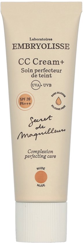 Embryolisse CC Cream+ Nude. Tube beige clair avec informations produit et SPF 20 PA+++.