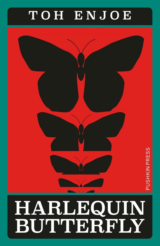 Harlequin Butterfly boekomslag met vier zwarte vlinders op een rode achtergrond en de tekst "TOH ENJOE" en "HARLEQUIN BUTTERFLY".