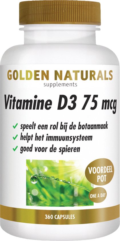 Pot met 360 capsules Vitamine D3 75 mcg van Golden Naturals. Tekst: speelt een rol bij de botaanmaak, helpt het immuunsysteem, goed voor de spieren. Voordeelpot, one a day.