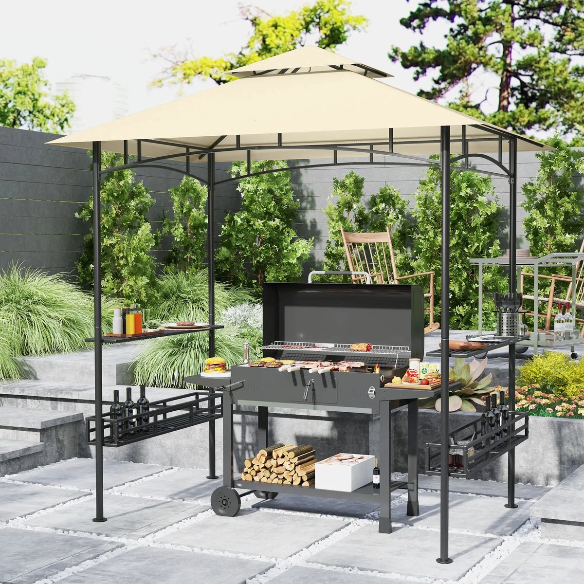 Pugsdrly Barbecue tent, BBQ tent, tuinhuisje met 2 planken, opbergmanden, haken, voor terras, beige