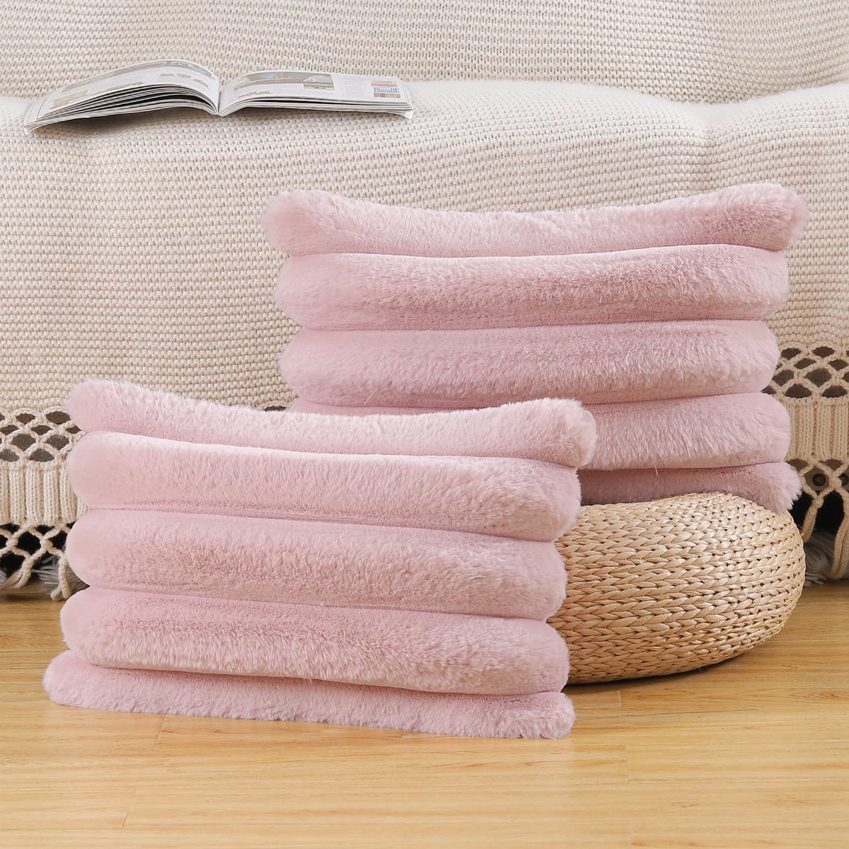Azomor® Set van twee roze fluwelen kussenhoezen met strepen voor extra comfort
