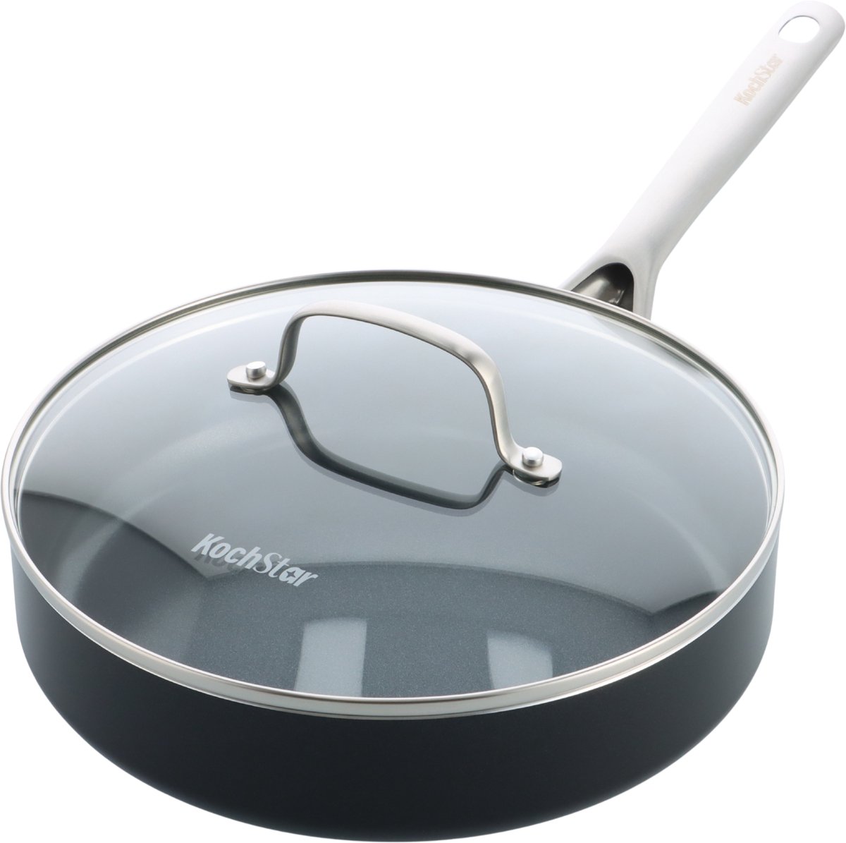 Kochstar Nacht Keramische Hapjespan - Met deksel - 26cm - 3.69L - PFAS-vrij - Inductie hapjespan- Inductie pan - Vaatwasserbestendig - Ovenbestendig tot 200° C - Keramische anti-aanbaklaag - RVS handgreep - RVS rand - Glas deksel - Zwart
