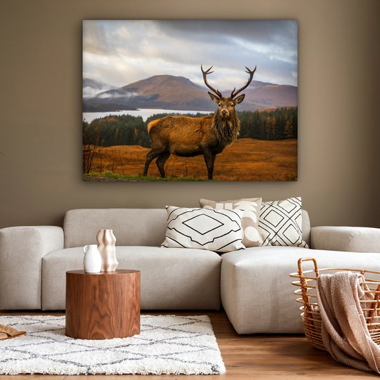 Tableau sur toile - Cerf avec paysage 160x120 - Accessoires de décoration de chambre nature - Peintures animaux de salon - Décoration murale chambre - Décoration murale cuisine - Tissu mural intérieur - Décoration maison - Accessoires de maison
